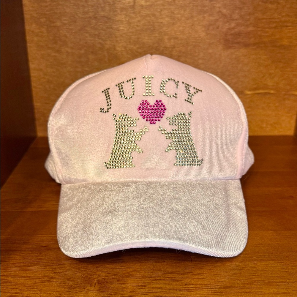 Juicy Couture Girls Pink Velvet Hat Cap w/ Rhinestone Scotties Heart Accents